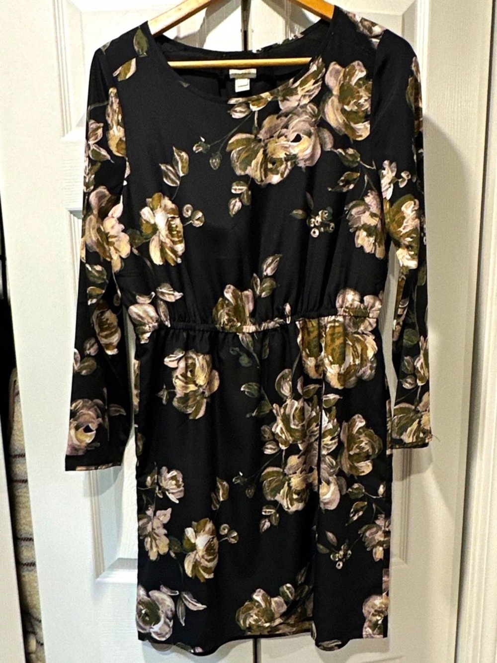 J. Crew Black Floral Long-Sleeve Dress with Olive and Blush Flowers